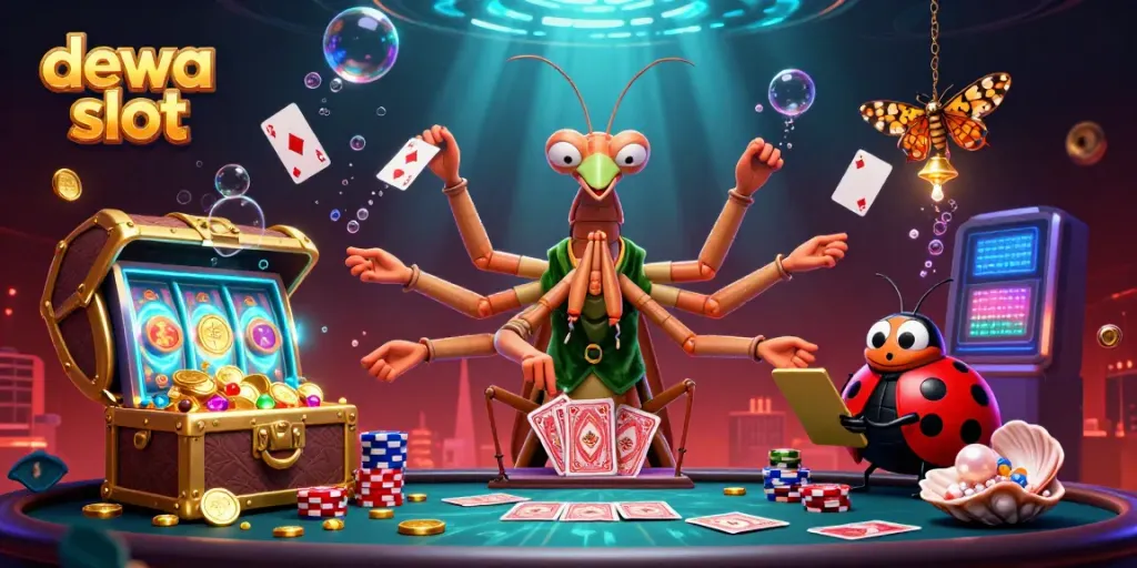 Experience excitement in the dewa slot world with a colorful casino illustration showcasing vibrant characters.