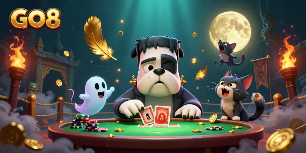 GO8 casino scene with a Frankenstein bulldog dealing cards and a werewolf kitten howling under a golden moon.