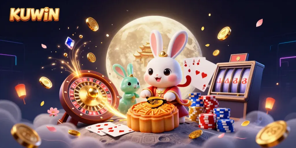 KUWIN brings luck with a rabbit pounding mooncakes that hide poker chips surrounded by casino elements.