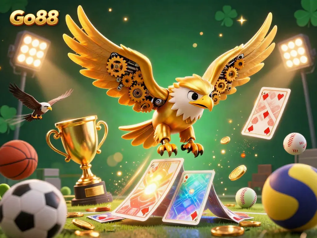 Experience Go88 excitement with a cybernetic eagle soaring through dynamic gaming elements and golden sports balls.