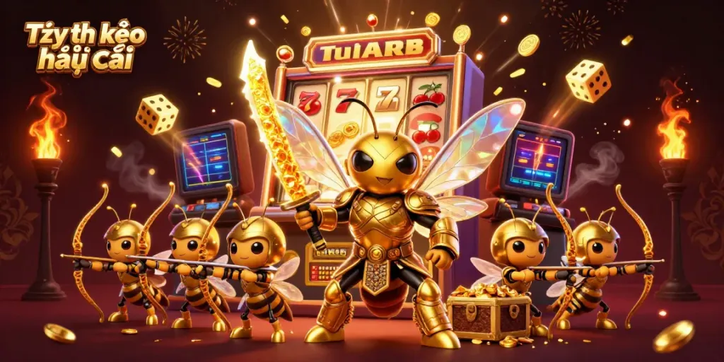 Engage with Tỷ lệ kèo nhà cái amid a dynamic casino scene featuring a golden hornet in samurai armor.