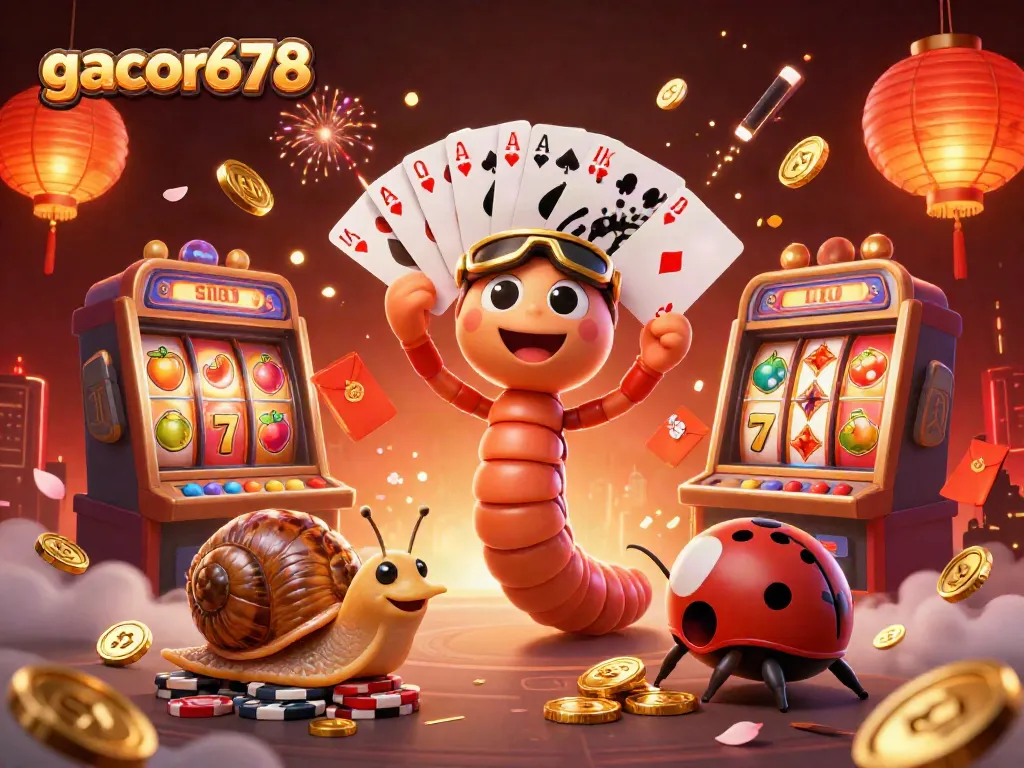 Experience gacor678 excitement in this vibrant illustration featuring a cartoon dealer and thrilling slot elements.