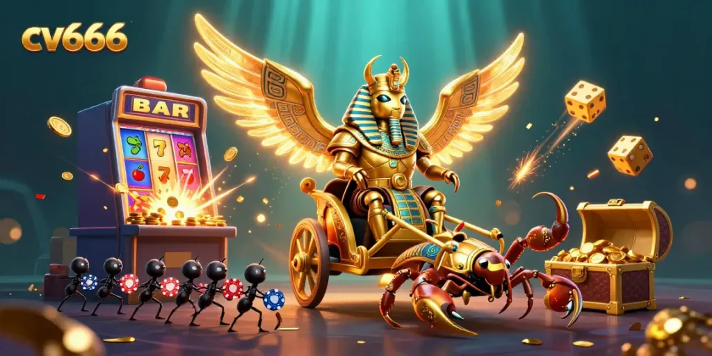 Engage with thrilling gameplay at cv666 through vibrant 3D elements symbolizing jackpots and casino excitement.