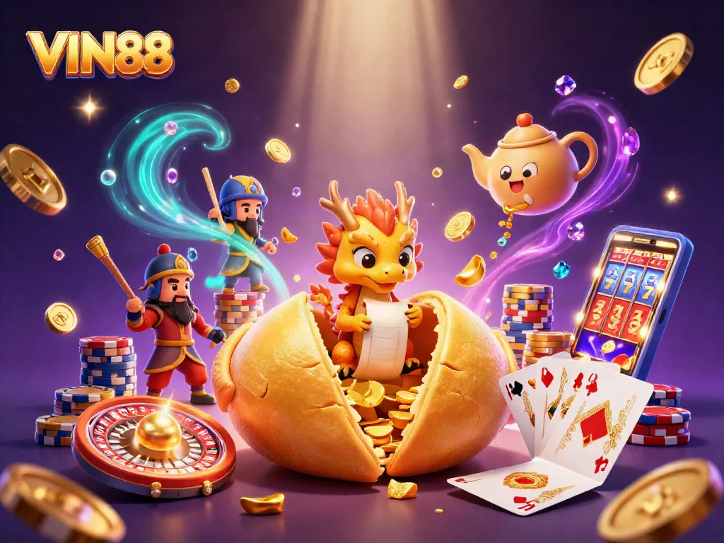 Experience the vibrant casino world of VIN88 with golden coins, a wise dragon, and dynamic gaming elements.