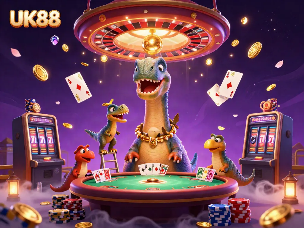 Experience UK88's thrilling casino adventure with a towering brontosaurus, vibrant visuals, and dynamic gameplay.