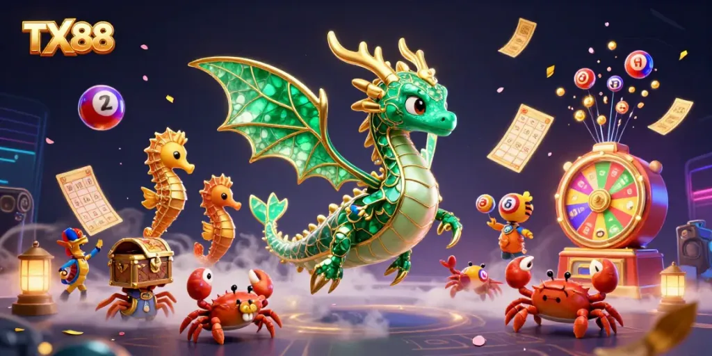 Experience excitement with TX88's vibrant gaming scene featuring dynamic lottery elements and treasures.