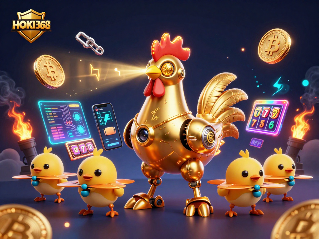 Experience HOKI368 with a dynamic scene of a golden rooster robot and floating casino elements captivating gamers.