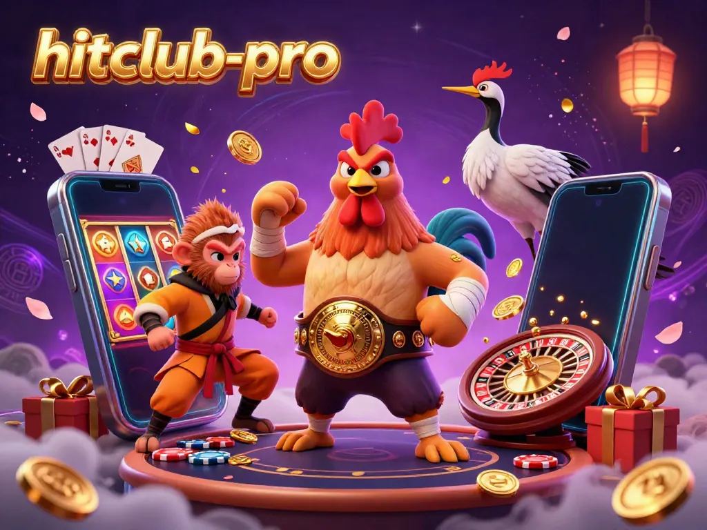 Experience thrilling casino action with hitclub-pro in this vibrant 3D illustration featuring exciting games and dynamic characters.