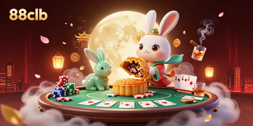 Engage with thrilling games at 88clb through a vibrant scene featuring poker chips, the moon rabbit, and dynamic gaming elements.