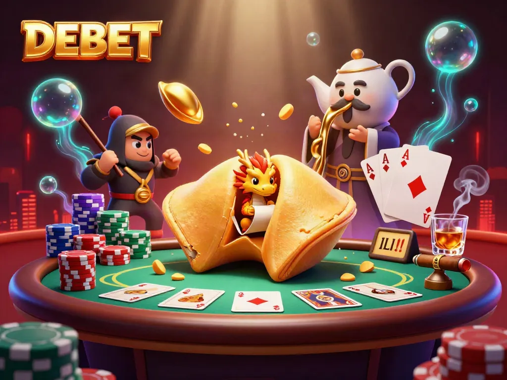 Experience DEBET's dynamic casino scene with a wise dragon and golden fortune cookie elements.