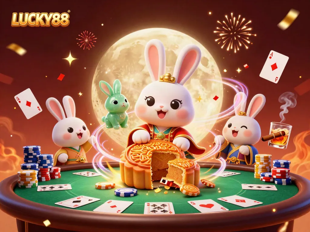 Join the fun with LUCKY88 as the moon rabbit unveils treasure hidden within mooncakes amidst vibrant casino action!
