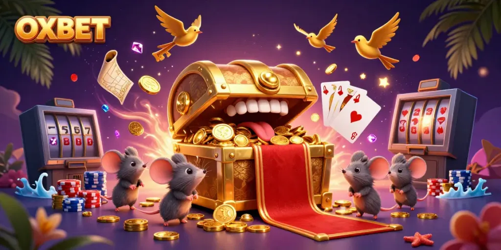 Experience winning strategies with OXBET's vibrant casino scene, featuring a treasure chest and dynamic gameplay.