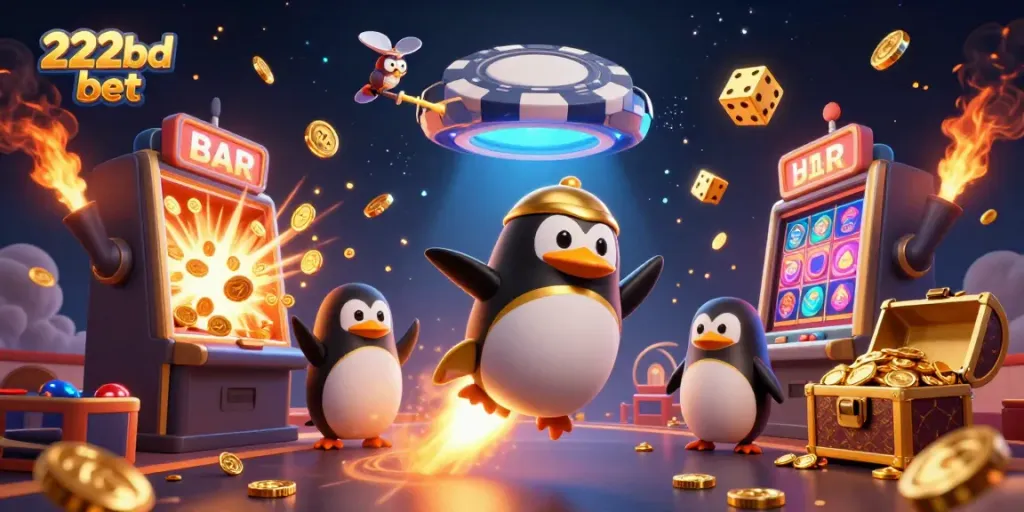 Experience exciting gameplay with 222bd bet as a golden penguin launches into a casino adventure