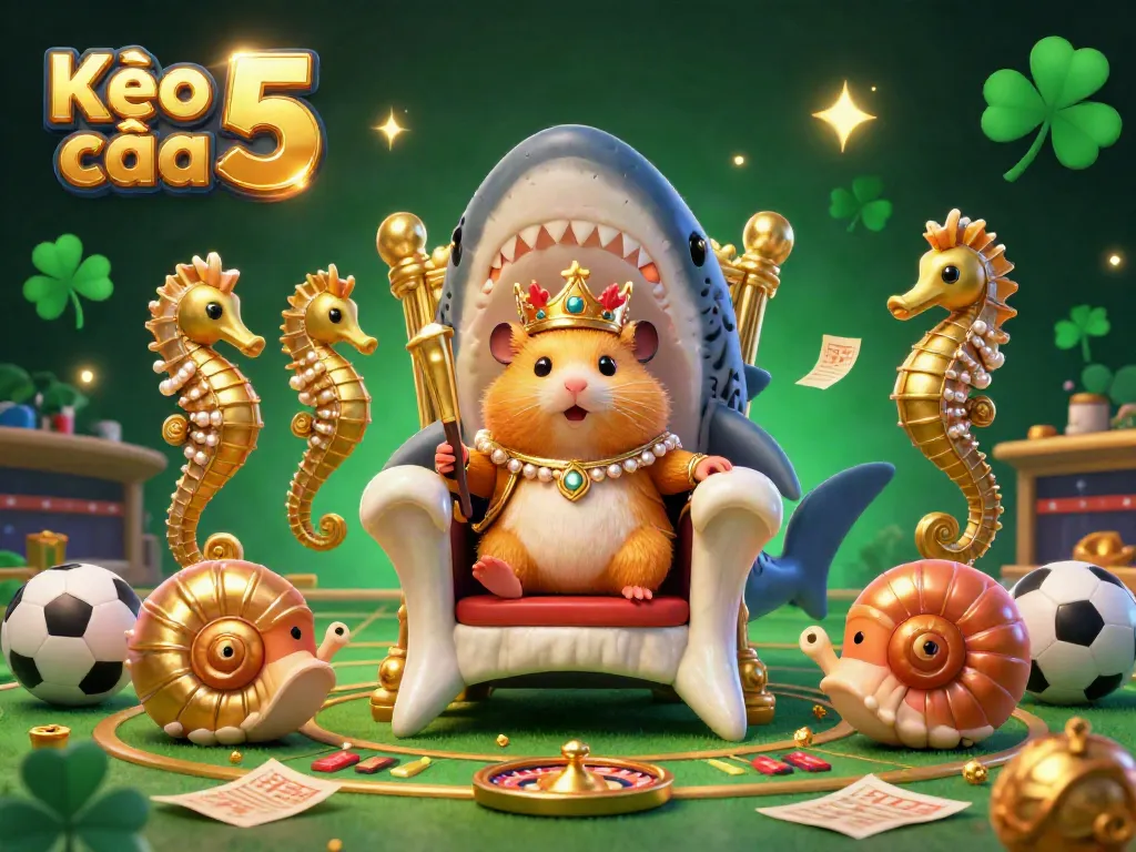 Kèo nhà cái 5 showcases a golden hamster king with royal seahorse guards and sports betting elements, emphasizing thrilling odds.