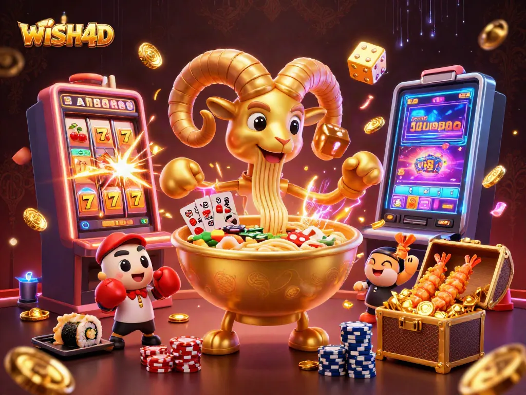 WISH4D brings excitement with a giant ramen bowl dealer and dynamic slot gaming action.