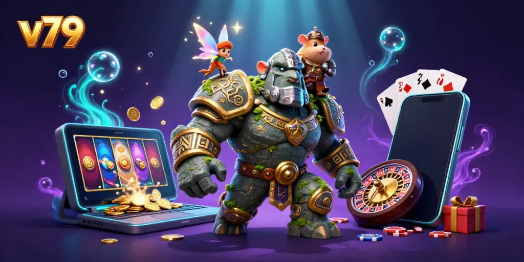 Spin the reels on vibrant v79 slots with a magical golem guardian and fairy companion.