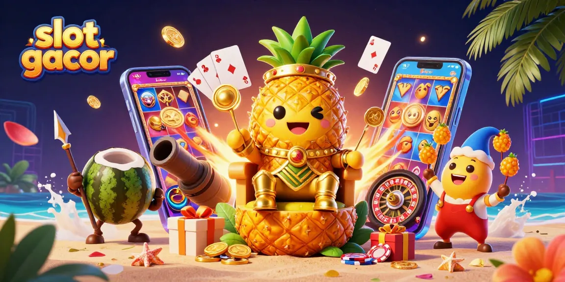 Engage with slot gacor themes through a vibrant 3D casino illustration featuring dynamic characters and elements.