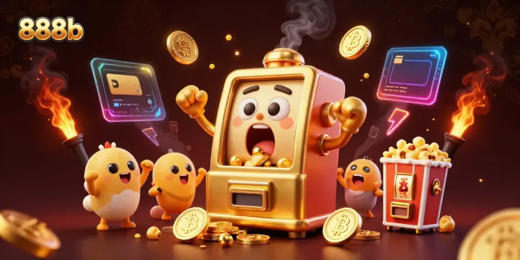 Celebrate jackpots with 888b's animated slot machine hitting a surprise win amid golden coins.