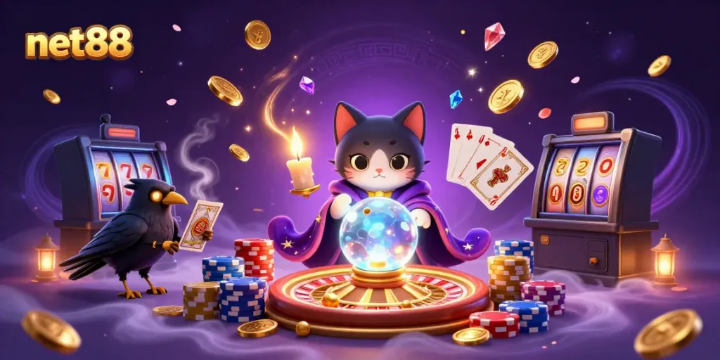 Engage with net88's exhilarating online gaming experience amidst a mystical casino atmosphere.
