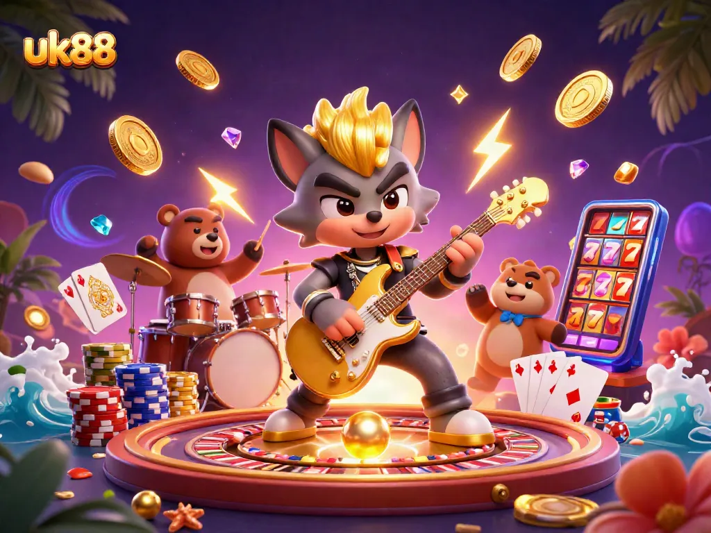 Experience thrilling gameplay with uk88 in this vibrant 3D casino scene showcasing rock star characters and dynamic casino elements.
