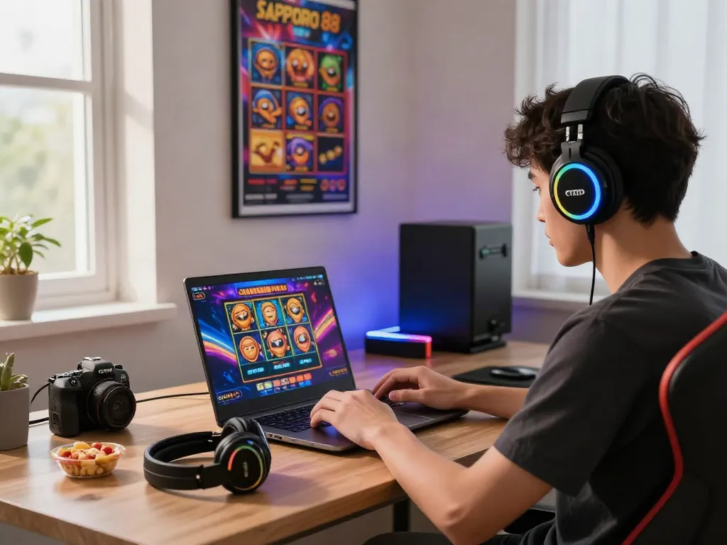 Gamer exploring the SAPPORO88 link on a mobile device at a vibrant gaming setup.