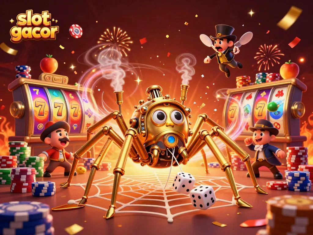 Experience thrilling slot gacor action with steampunk elements and dazzling game visuals amid a festive backdrop.