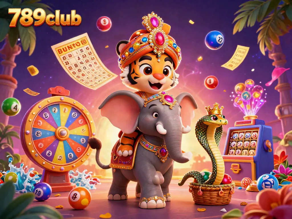 Experience thrilling gameplay at 789club with a vibrant 3D casino scene featuring a tiger riding an elephant, surrounded by colorful lottery elements.