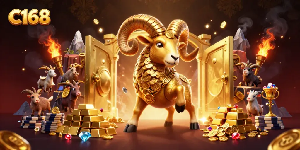 Experience the thrill with C168 at this vibrant golden casino scene featuring a charging ram.
