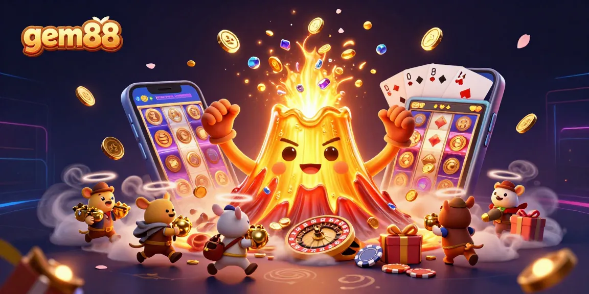 Join in the excitement with gem88, where a volcano erupts coins while players enjoy thrilling casino games.