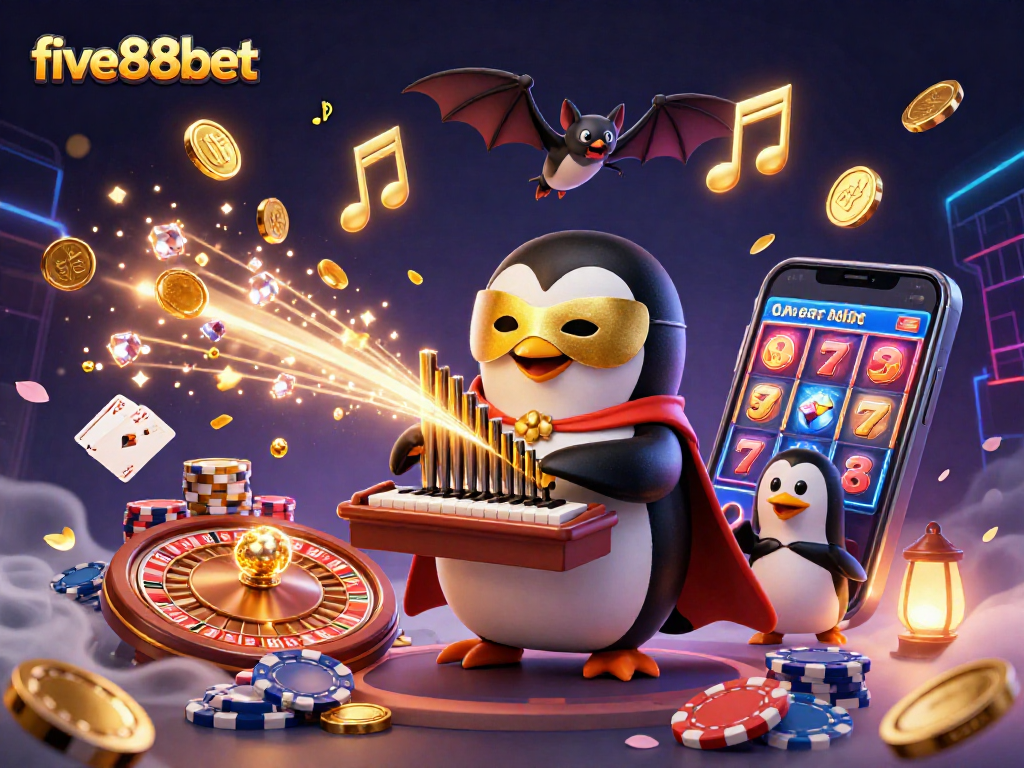 Experience the excitement of five88bet with a vibrant casino scene featuring gold coins, gaming elements, and animated characters.