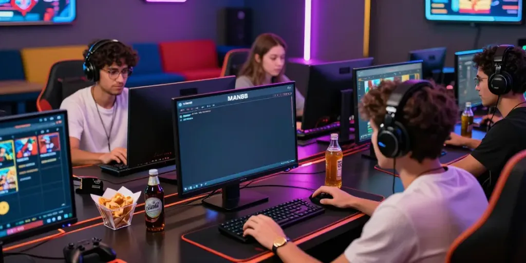 Engaged players enjoying online gambling with MAN 88 interface on display, capturing thrill of gaming.