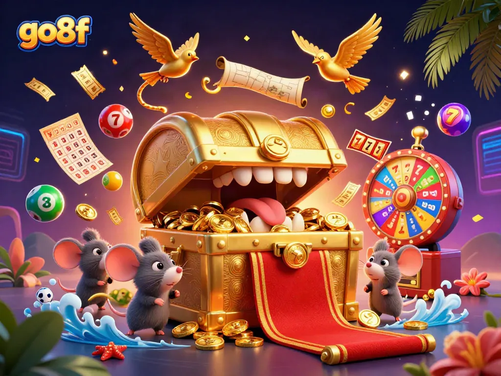 Spin and win with go8f’s vibrant 3D casino scene filled with colorful lottery elements and treasures.
