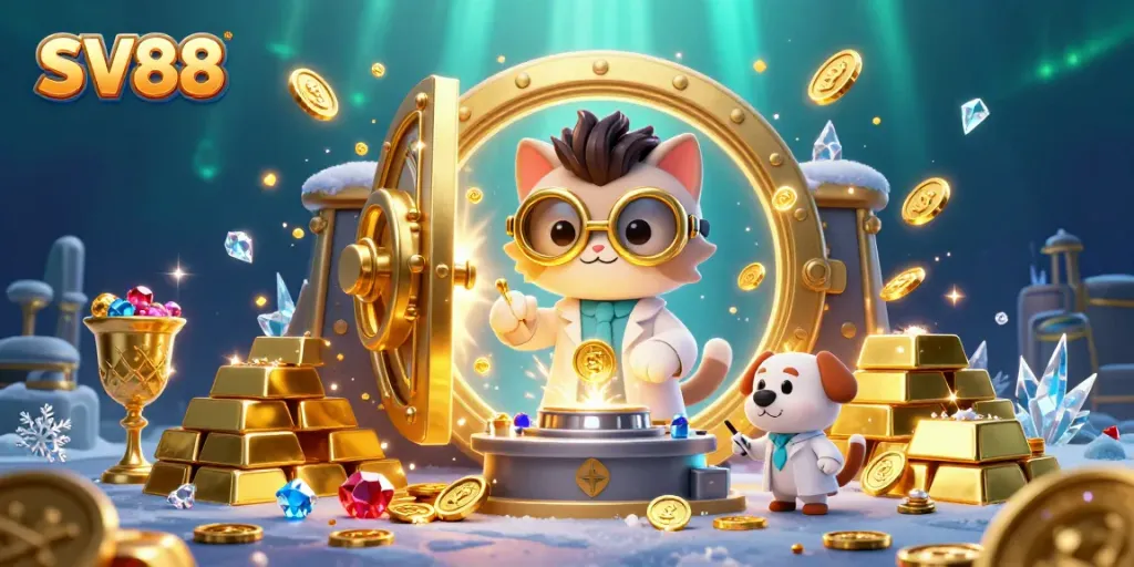 Spin with SV88 as a mad scientist cat creates gold coins amidst a vibrant casino scene.