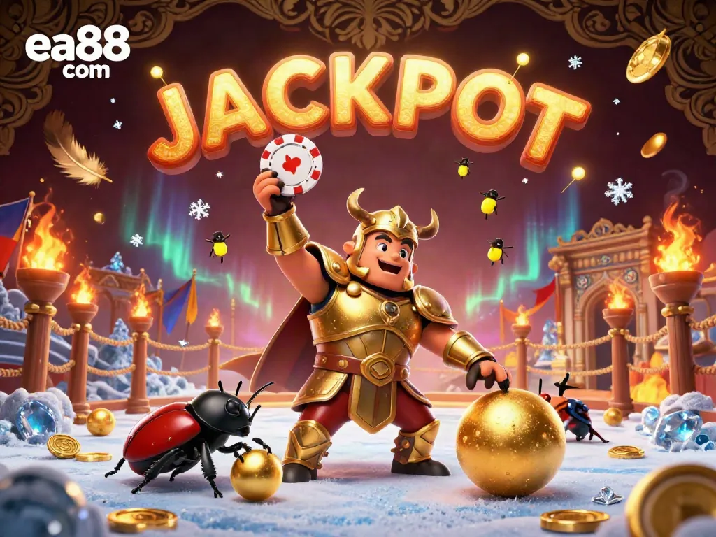 Experience the excitement of ea88 com with a 3D hercules beetle celebrating a poker win amid vivid casino elements.