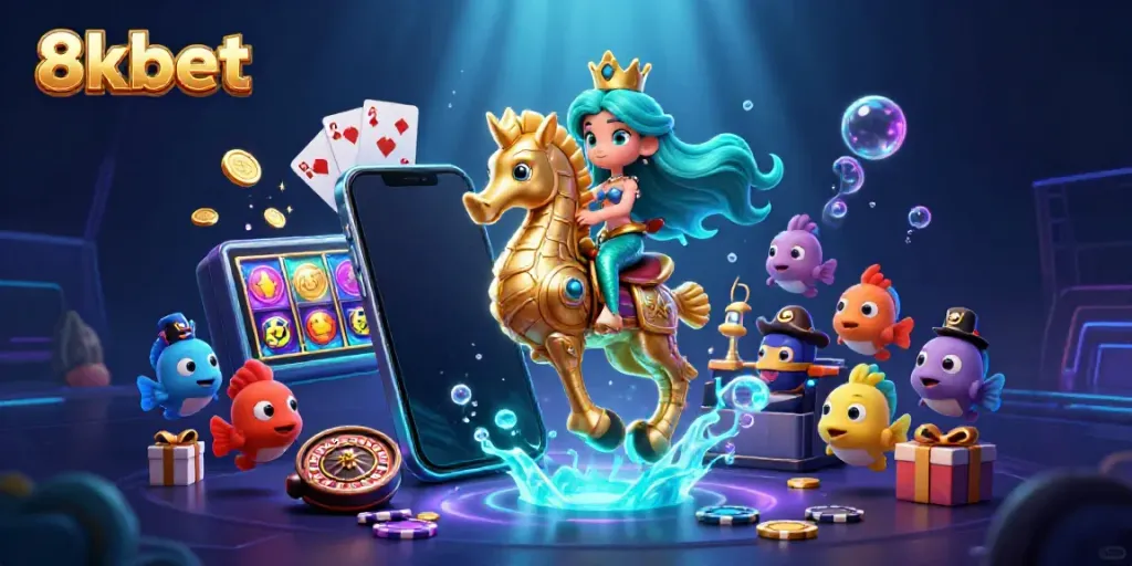 Engage in thrilling gaming at 8xbet with a vibrant underwater scene full of colorful characters and casino elements.