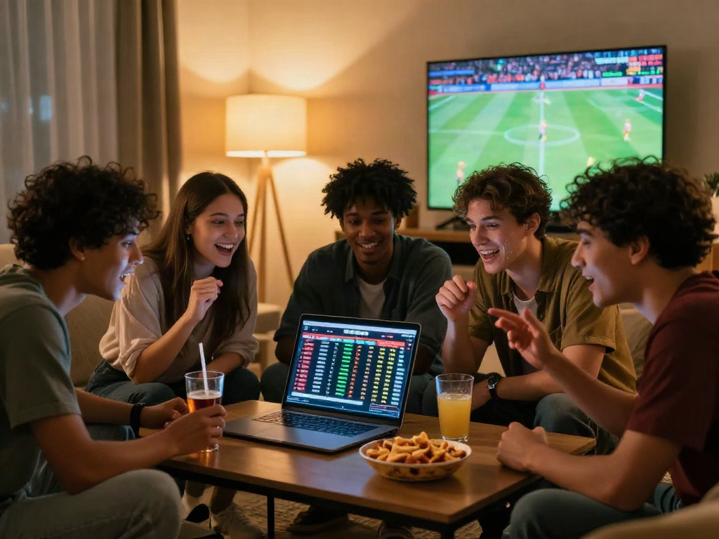 Friends discussing 먹튀스팟 while enjoying a safe online betting experience in a cozy living room.