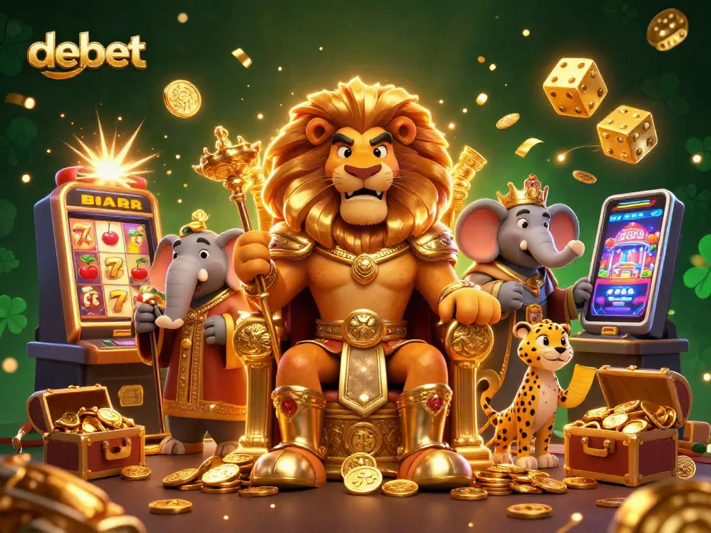 Experience debet's casino excitement with a fierce lion king and gaming elements bursting in action.