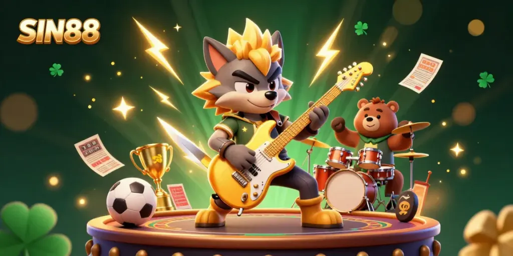 Engage with SIN88 sports betting through a vibrant 3D illustration of a rock star wolf and drummer bear showcasing betting excitement.