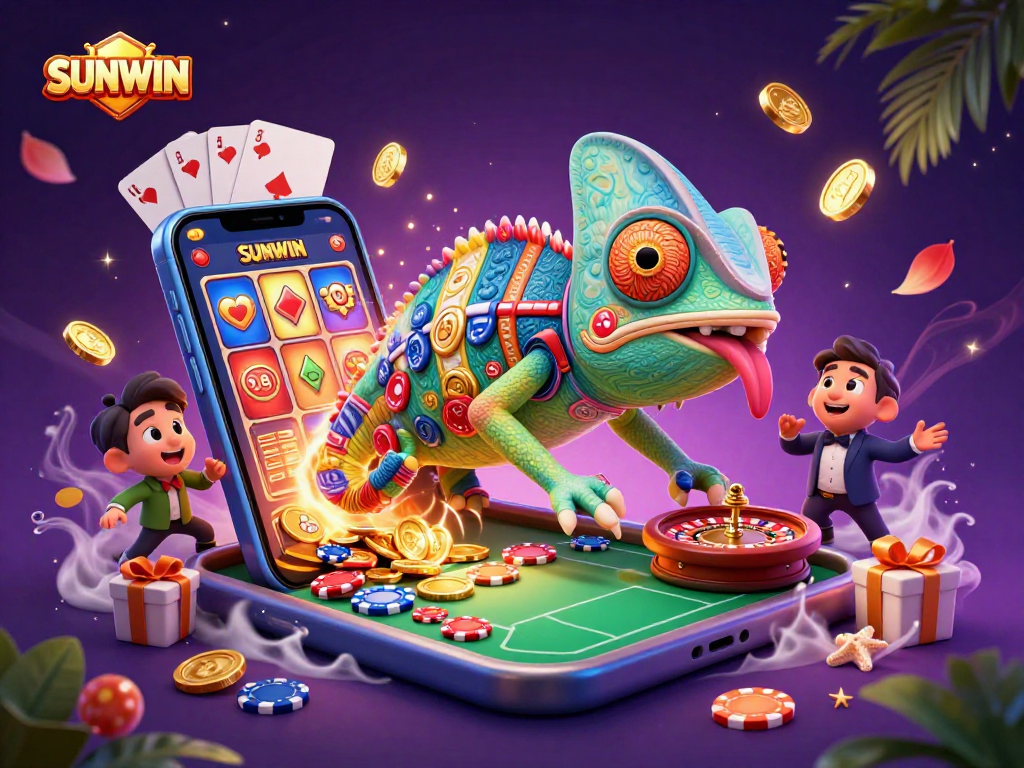 SUNWIN chameleon casino owner captures golden coins in a vibrant casino scene full of gaming excitement.
