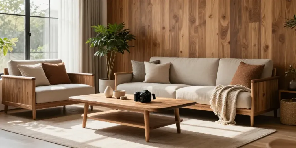 Stylish wooden furniture in a cozy living room scene featuring kayu77 decor elements.