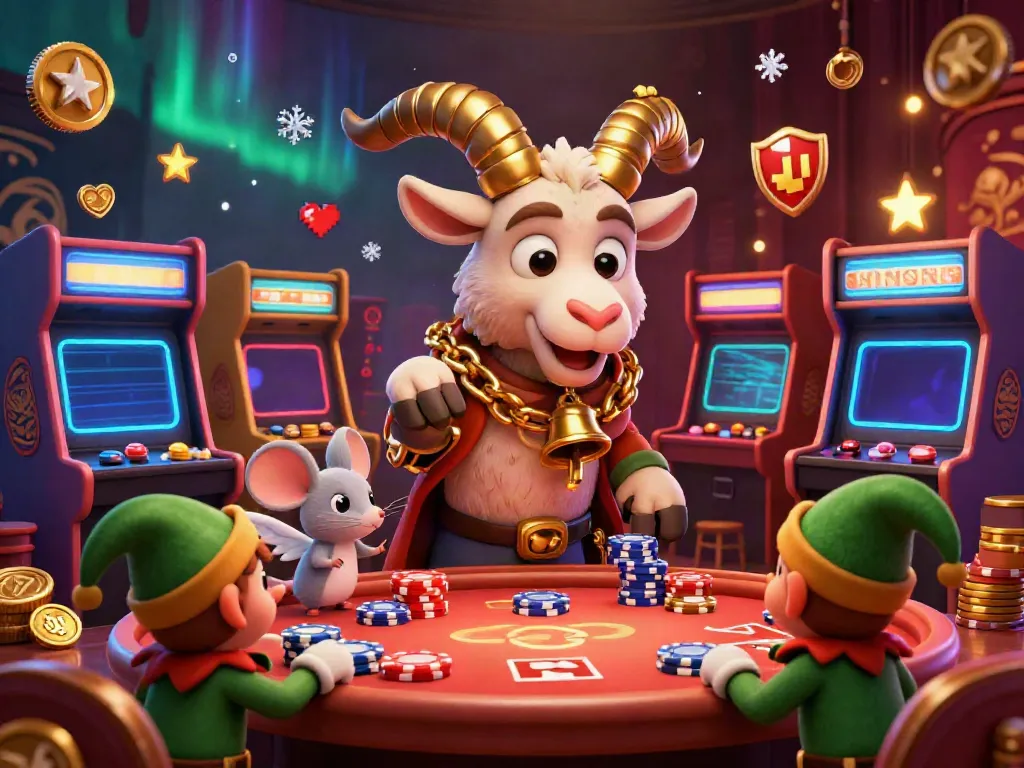 Pusar4d showcases Krampus and a tiny mouse managing a vibrant casino with playful elf gremlins stealing chips.