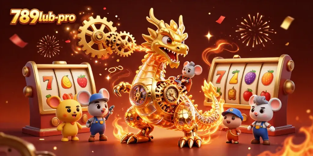Experience the thrill of 789lub-pro with a dynamic golden dragon and slot reels in a festive atmosphere.