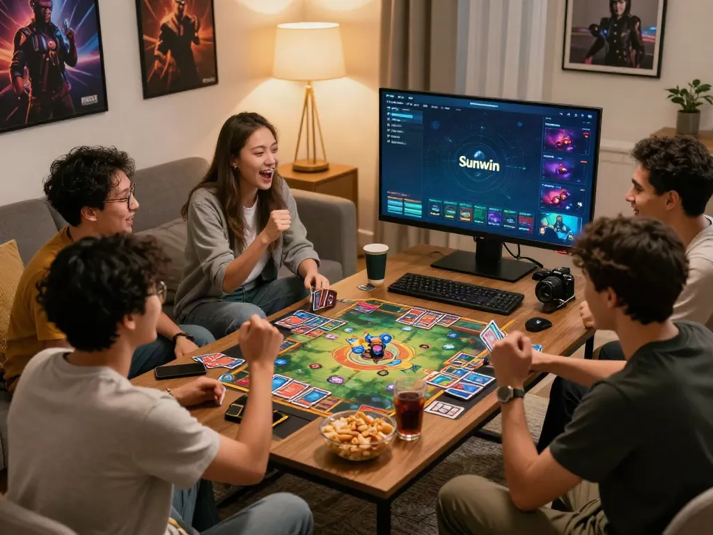 Friends enjoying Sunwin card game in a vibrant living room setting.