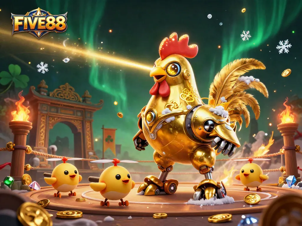 FIVE88 showcases thrilling gameplay with a futuristic golden rooster robot and dynamic casino elements.