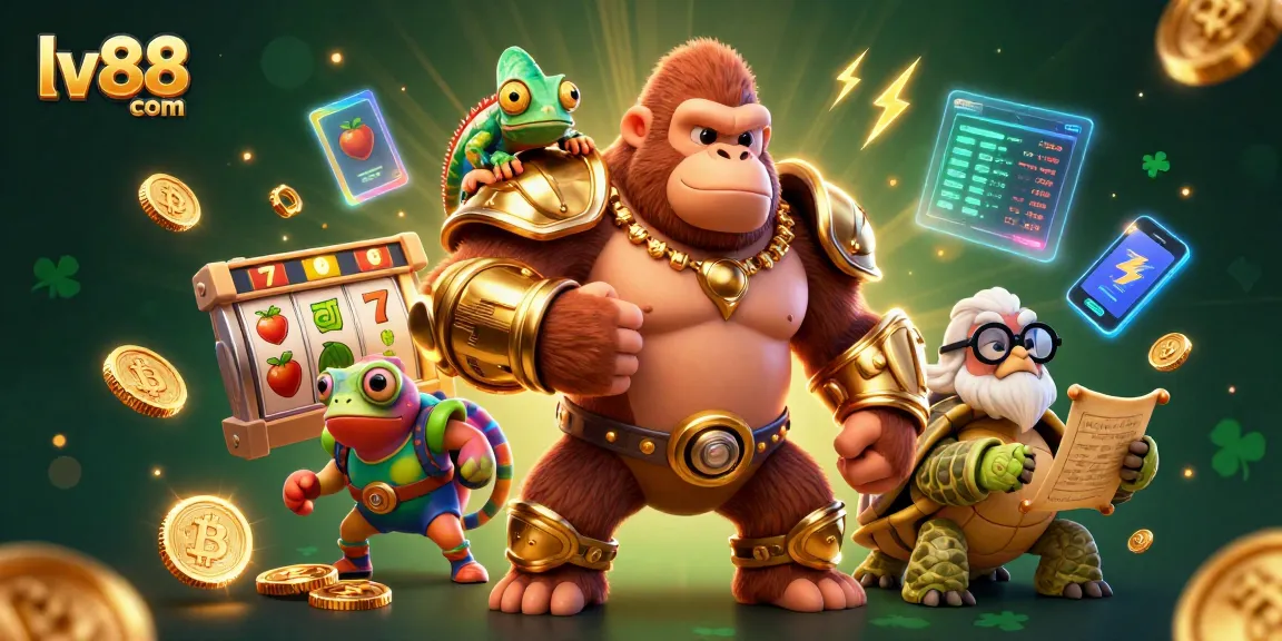 Engage with lv88 com's vibrant gaming world featuring a powerful gorilla king amidst slot machines and cryptocurrencies.