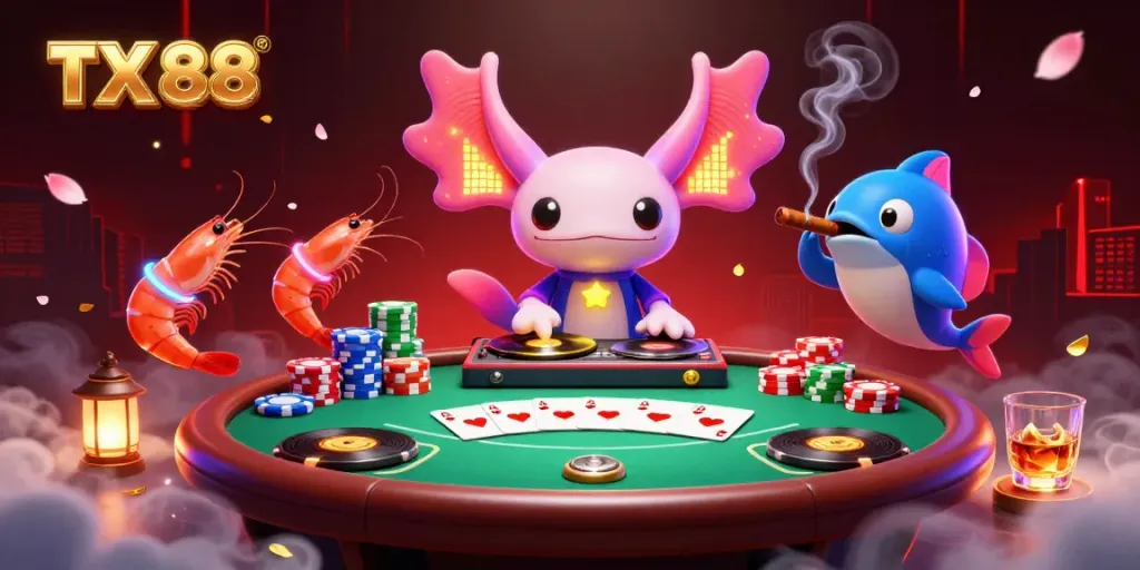 Experience the vibrant TX 88 casino scene with neon axolotl DJ, poker chips, and dynamic gaming elements.