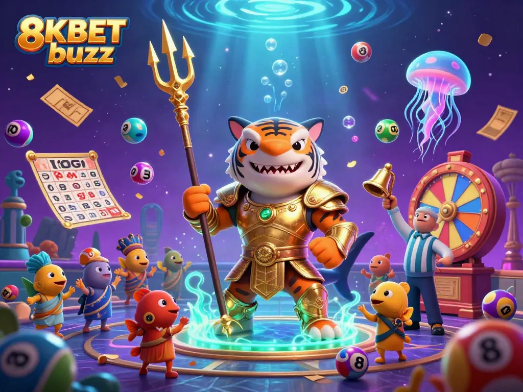 Engage with exciting 8KBET buzz casino adventures featuring a gladiator tiger shark in an underwater colosseum.