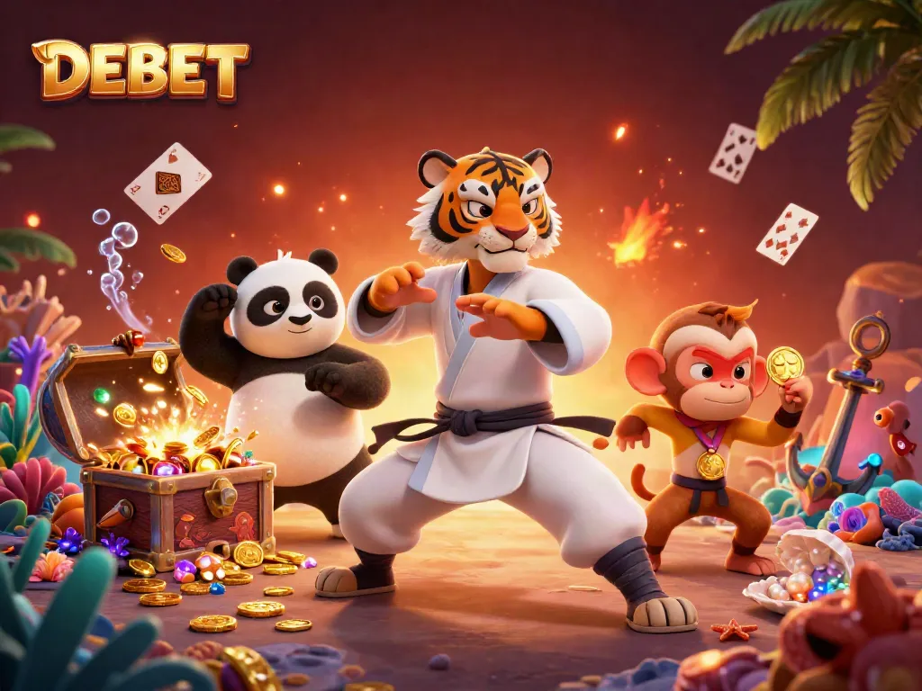 DEBET's exciting illustration showcases a kung fu tiger, panda, and monkey amidst a dynamic underwater treasure and casino scene.