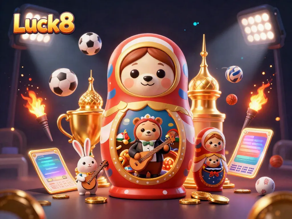 Experience the vibrant scene of Luck8 with 3D cartoon characters and dynamic sports elements celebrating casino excitement.