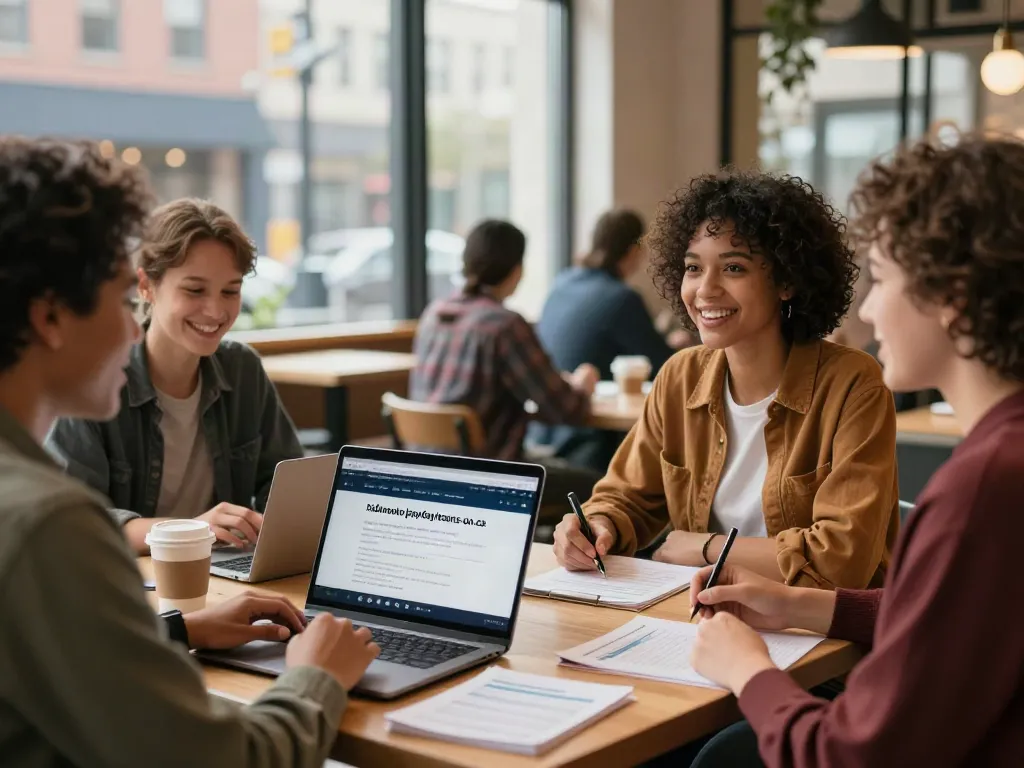 People discussing payday loans at a café table, showcasing https://edmonton.paydayloans-on.ca/ in action.